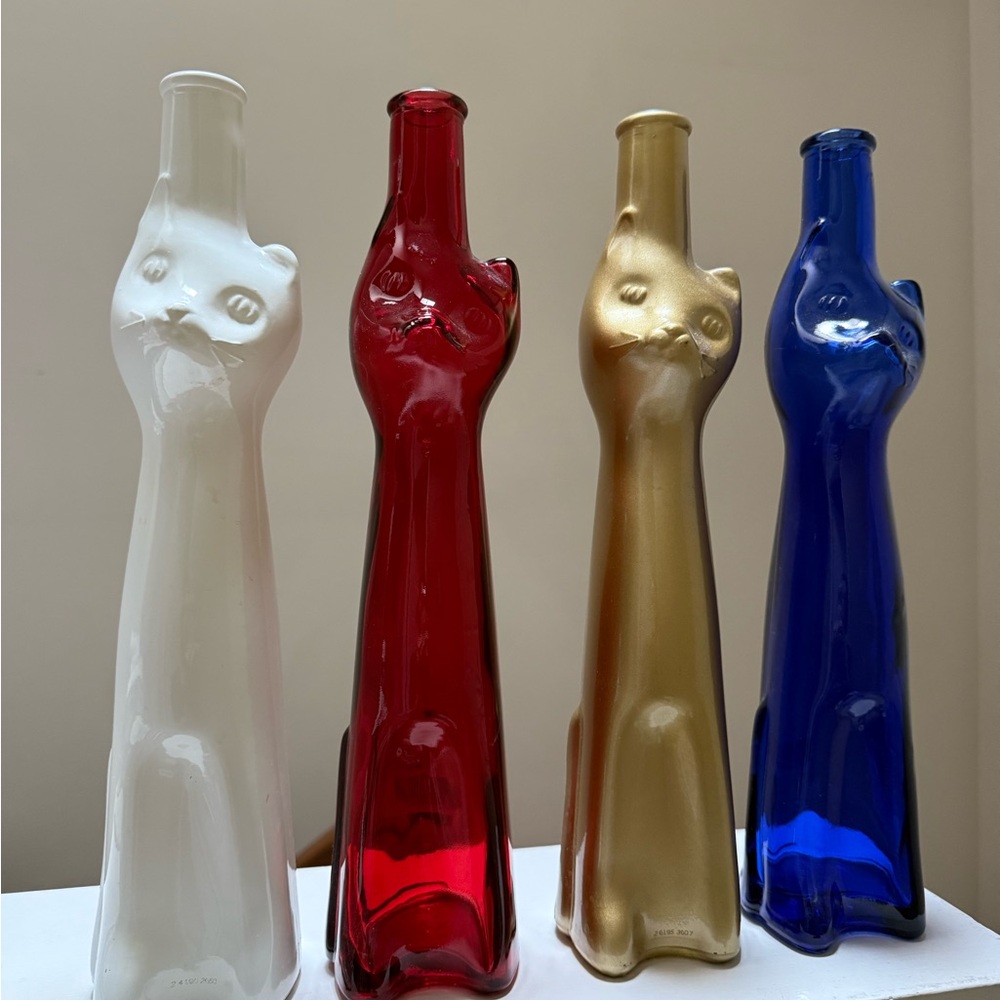 Set of Four Empty Cat-Shaped Glass Riesling Wine Bottles Moselland